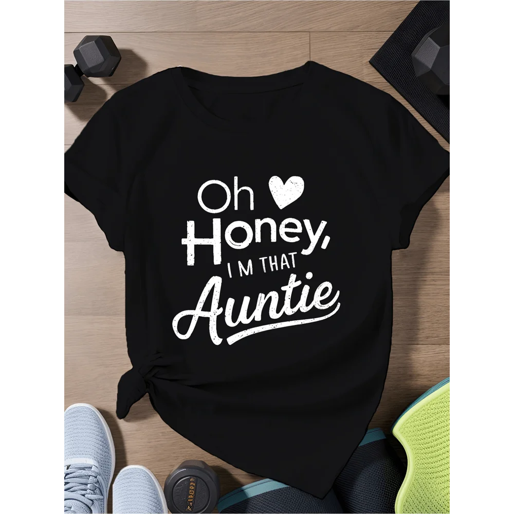 Women Plus Size Casual T‑Shirt Wo Oh Honey I'm That Auntie Funny Slogan Heart Print Loose Fit Round Neck Short Sleeve Top