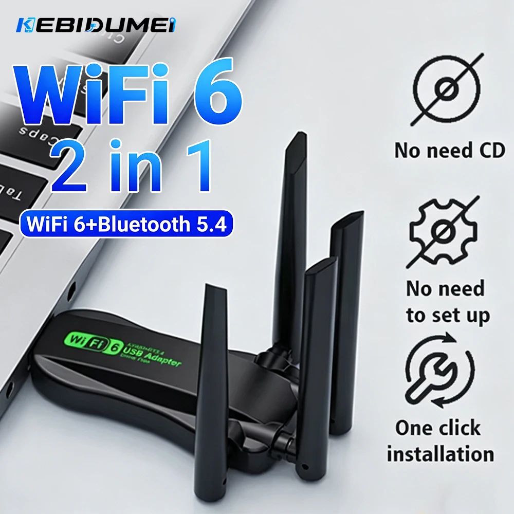 

KEBIDUMEI WiFi 6 BT5.4 USB Adapter 900Mbps Dual Band 2.4G/5Ghz 4 Antenna Wireless Dongle Driver Free For Windows 10 11