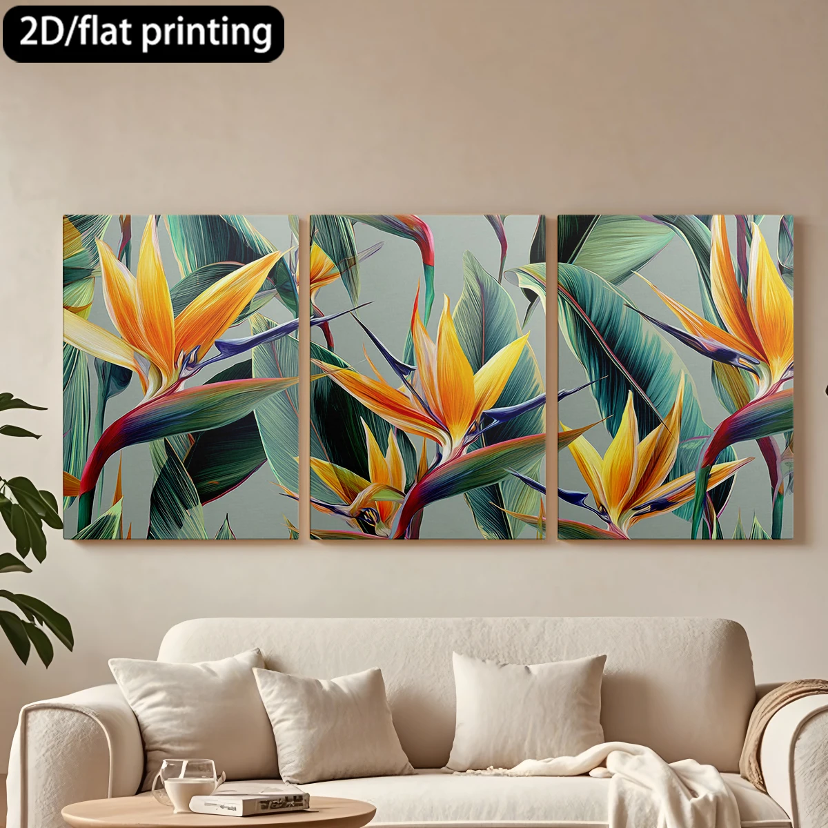 

2D плоская печать, 3-х частная декоративная картина на холсте в деревянной раме. Птица-райская, с пышными листьями. Декор для коридора и спальни.