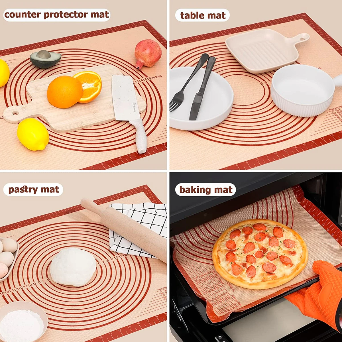 Silicone Baking Pastry Mat with Measurements, for Oven, Large & Extra Thick, Non-slip Non-stick Kneading Mats for Dough Rolling