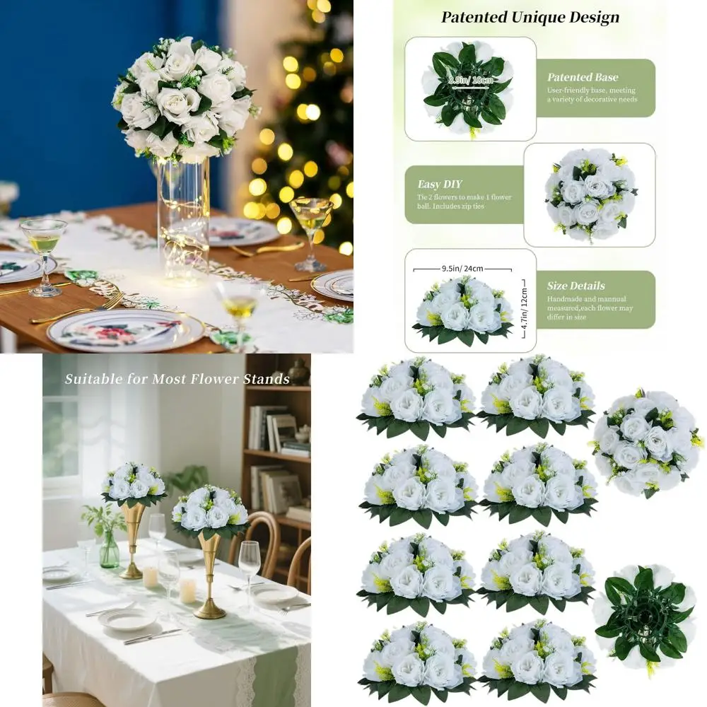 

Artificial Rose Bouquets with Hanging Balls for Wedding Centerpieces, 10-Piece Silk Floral Arrangements for Home or Party Decor