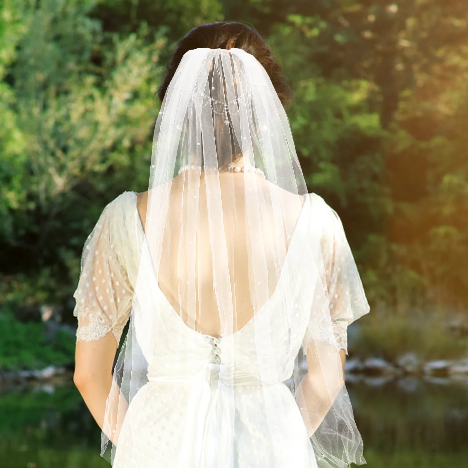 

2Pcs White Bridal Veil Lightweight Pearl Beaded Short Tulle Wedding Veil Elegant Bridal Party Bachelorette Flower Girl