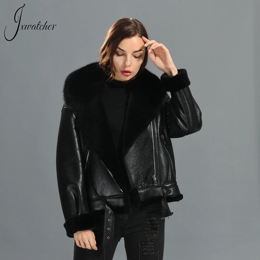 

Jxwatcher Women Real Shearling Belt Coats Winter Genuine Sheepskin Leather Jacket Fall Fox Fur Collar Zipper Outerwear 2022 New