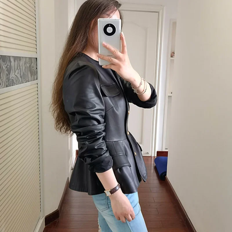 Lady 2022 New Leather Jacket Solid Simple Lotus Leaf Hem cappotti in vera pelle di pecora o-collo primavera autunno Fashion CL4014