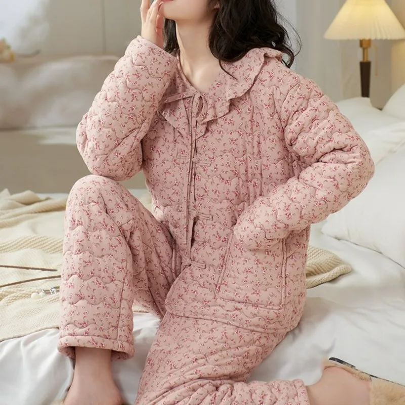 Vrouwen Nieuwe Puur Katoenen Pyjama Winter Drie-Laags Verdikte Katoenen Jas Bloemenmode Casual Huiskleding Comfortabele Set