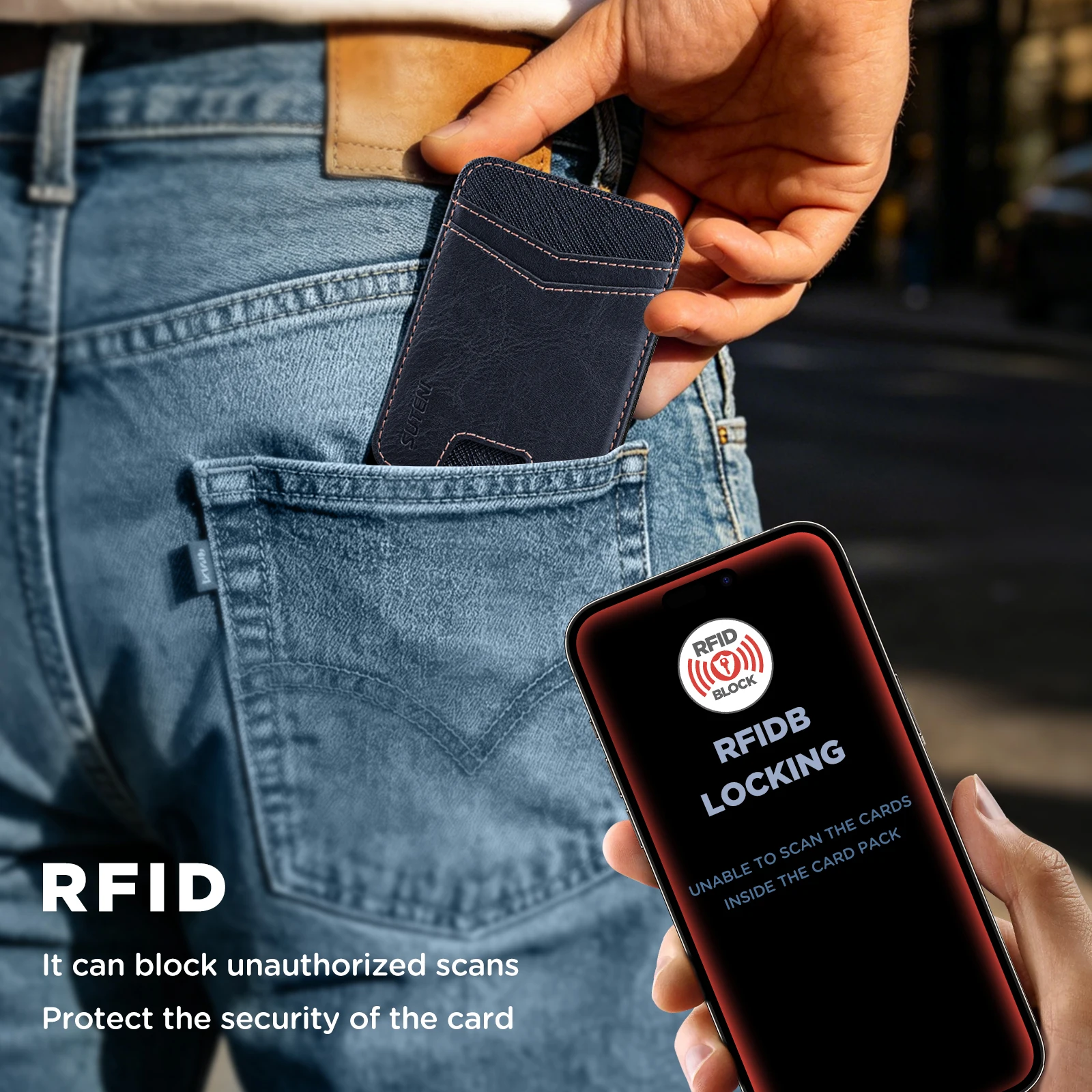 SUTENI Mobile Phone Magnet Pocket Lightweight Card Holder Storage Push Card Hole RFID Anti-skimming Faux Leather Bag Wallet view 5