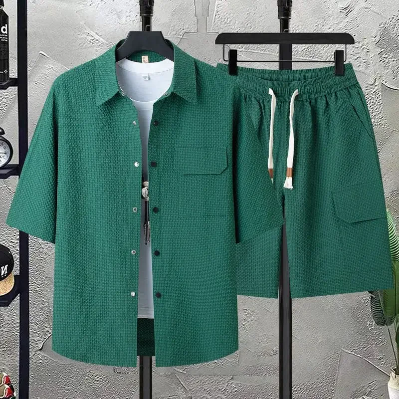 Conjunto de 2 piezas de manga corta para hombre, camisa holgada informal con cuello abotonado y pantalones cortos de playa, 2024