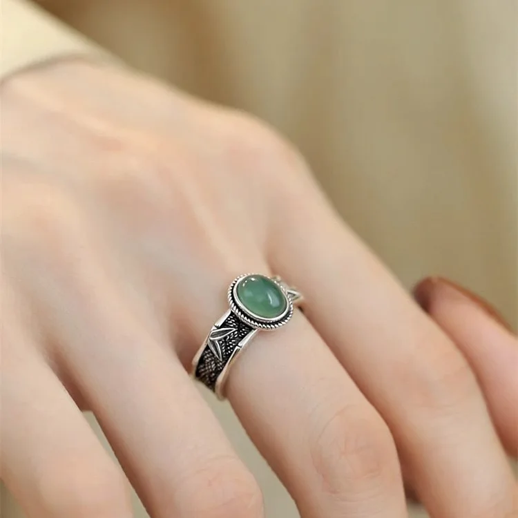 925 Sterling Silver Rings for Women Couple Minimalist Handmade Simple Green stone Ring Fine Jewelry Gift Prevent Allergy