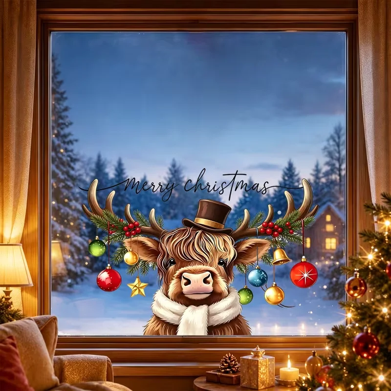 1pc Christmas Highland Cow Window Sticker,suitable for cabinet, glass door, window,wall decor