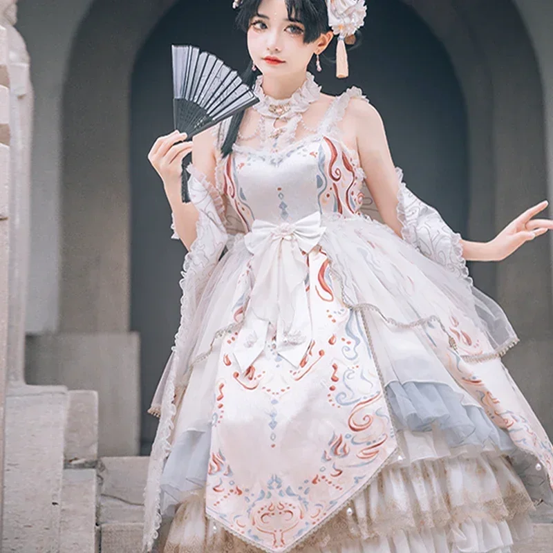 

Chinese Style Jsk Lolita Sweet Girl Cosplay Gorgeous Print Cloud Pearl Lace Ruffled Mesh Bow Flower Ribbon Halter Dress