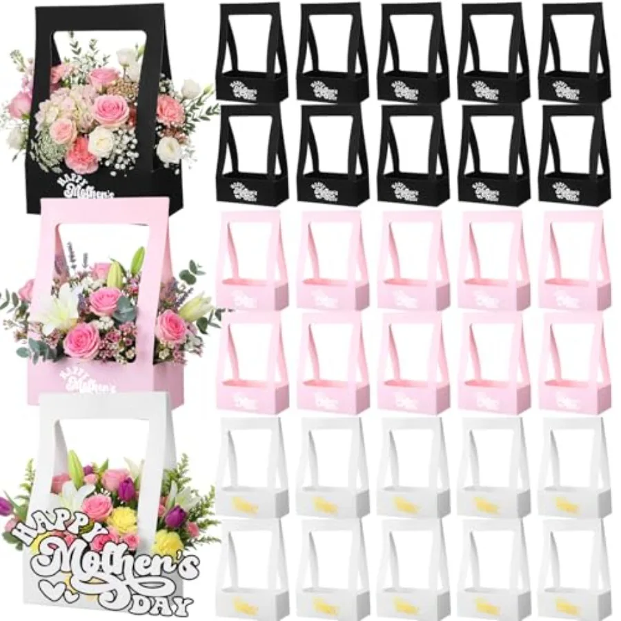 

30 Pcs Mother's Day Flower Box for Arrangement Bouquet Bags for Flowers Gift Bags with Handle Waterproof Packaging Floral Wrap