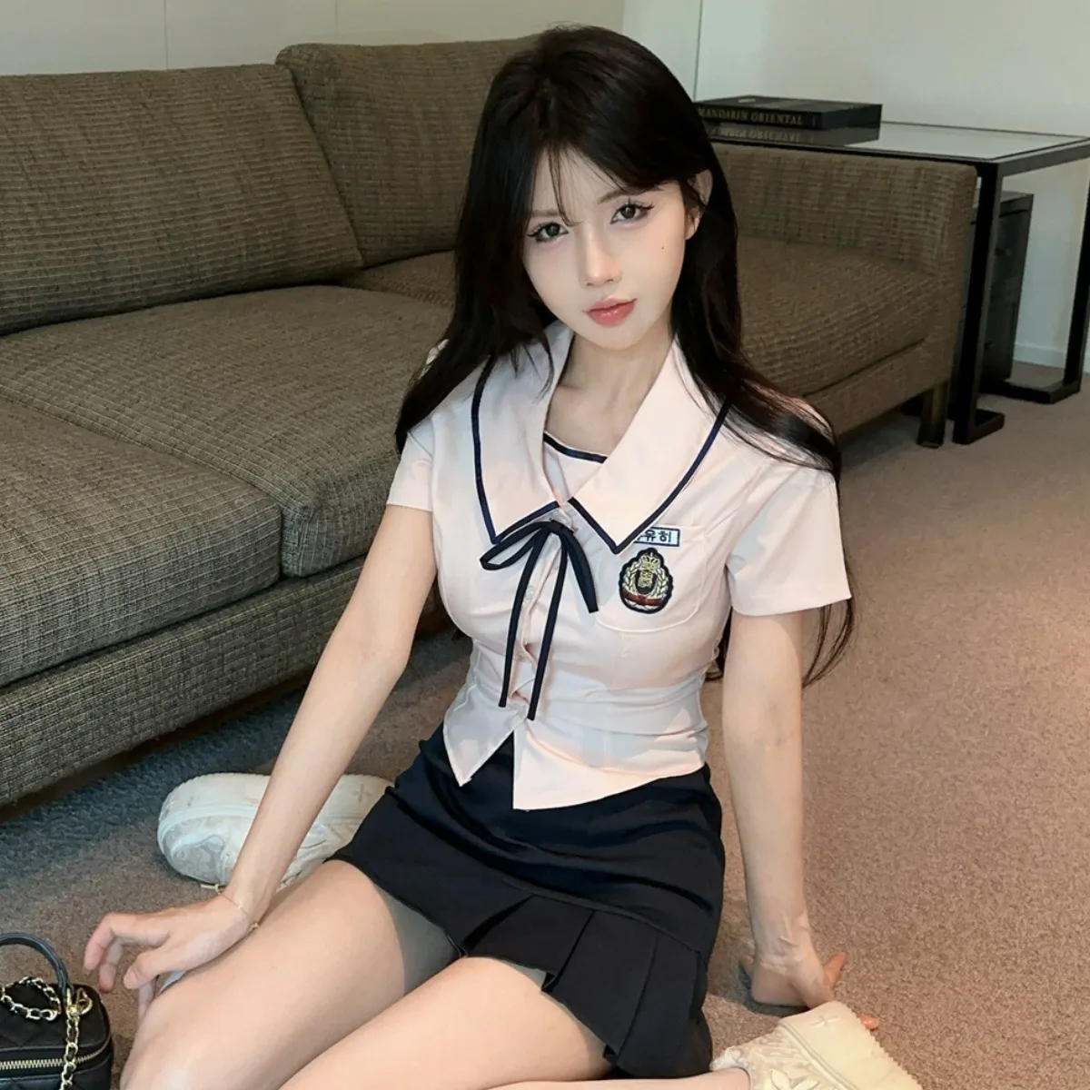 한국 스타일 JK 교복 분위기 세트 여름 신상 달콤하고 매운 소녀 허리 조임 반팔 하이웨이스트 스커트
