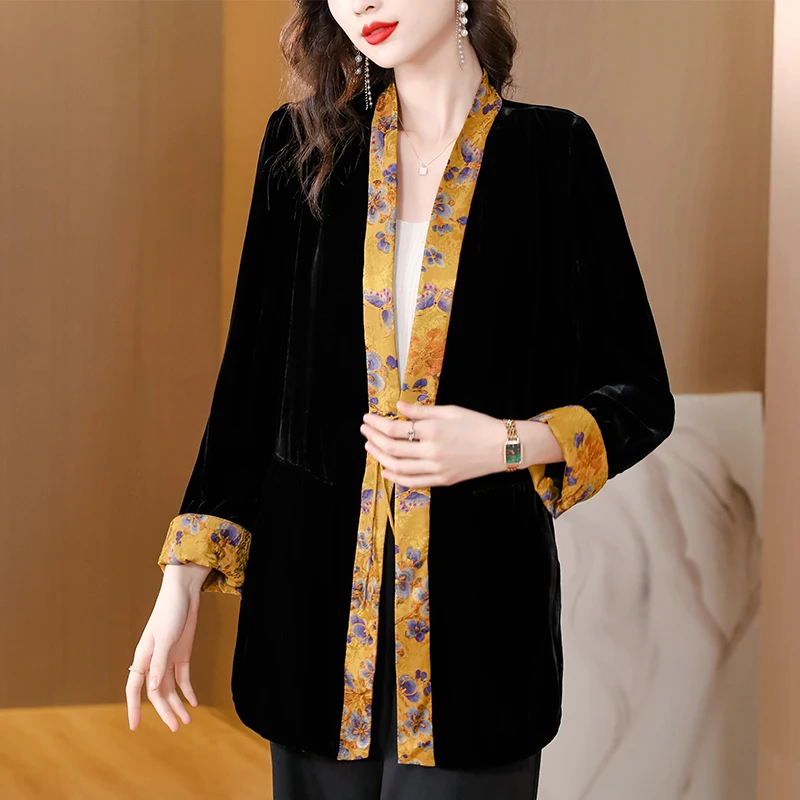 2024 Black Velvet Patchwork Floral Cardigan Coats Autumn Winter Thick Warm Jackets Women Korean Luxury Elegant Bodycon Top Coats