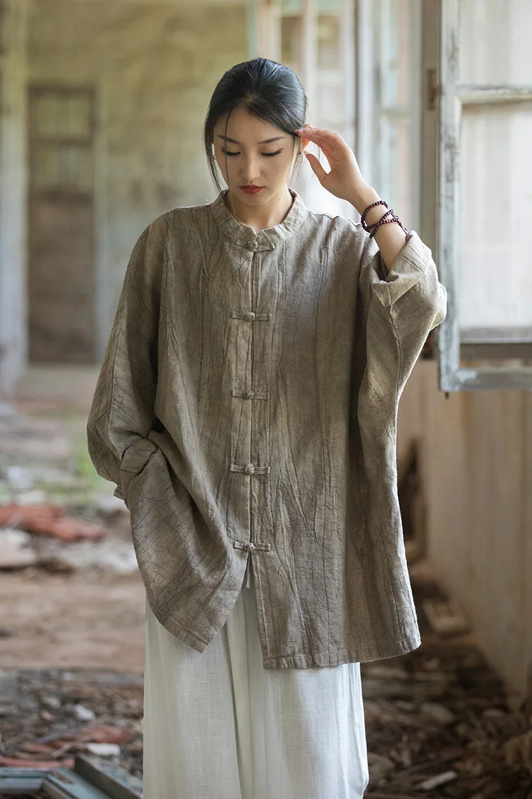 Ethereal Zen Ramie Cardigan - Hand-Dyed Frogged Closure Boho Chinese Style Jacket
