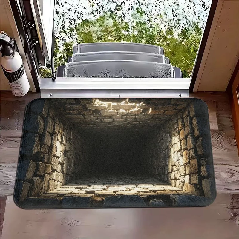 VIKAMA Retro Stone Tunnel Depth Visual Illusion Mat, Non-Slip Entrance Rug for Foyer & Bathroom, 3D Optical Home Decor