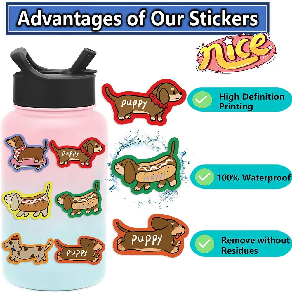 50Pcs Cartoon Dachshund Graffiti Stickers for DIY Desk Guitar Computer Refrigerator Creative Sausage Dog Waterproof Sticker﻿