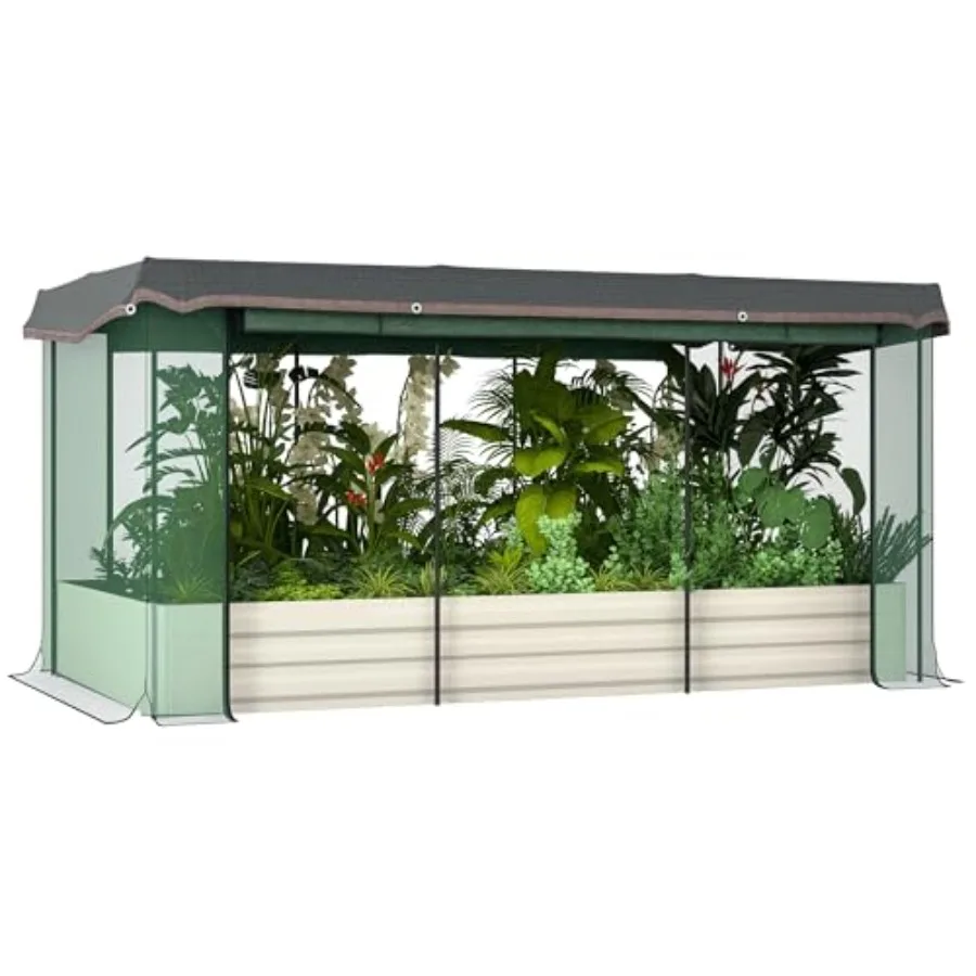 7.3 x 3.4 x 1 ft Galvanized Raised Garden Bed with Crop Cage Plant Protection Net and Shade Cloth Roof Metal Planter Box with C