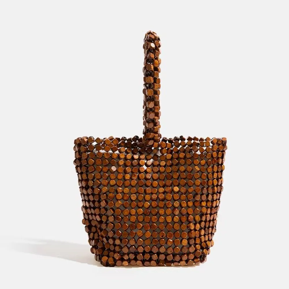 

Vintage Niche Wooden Beaded Bucket 2026 New Handmade Woven Handbag Summer Vacation Beach Texture Unique Fashion Simple Casual