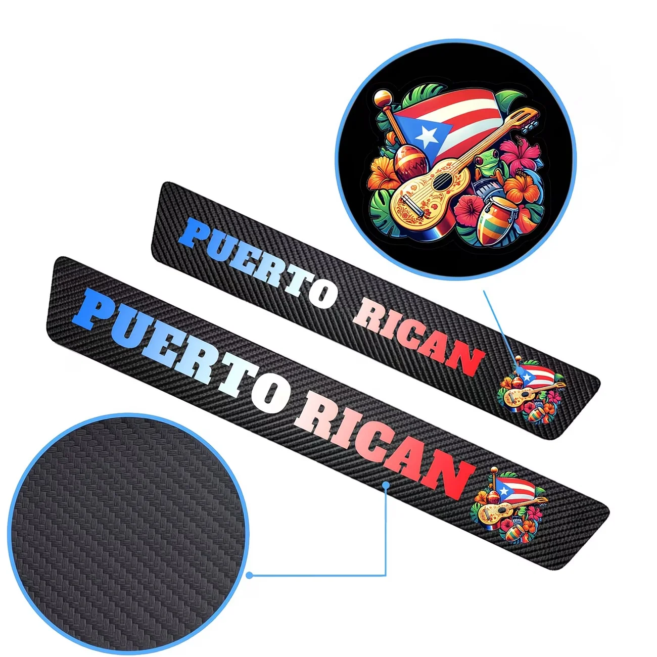 

4pcs PUERTO RICAN Carbon Fiber Door Sill Protector Scuff Plate Stickers, Cultural Guitar Tropical Floral Design, Easy to Install