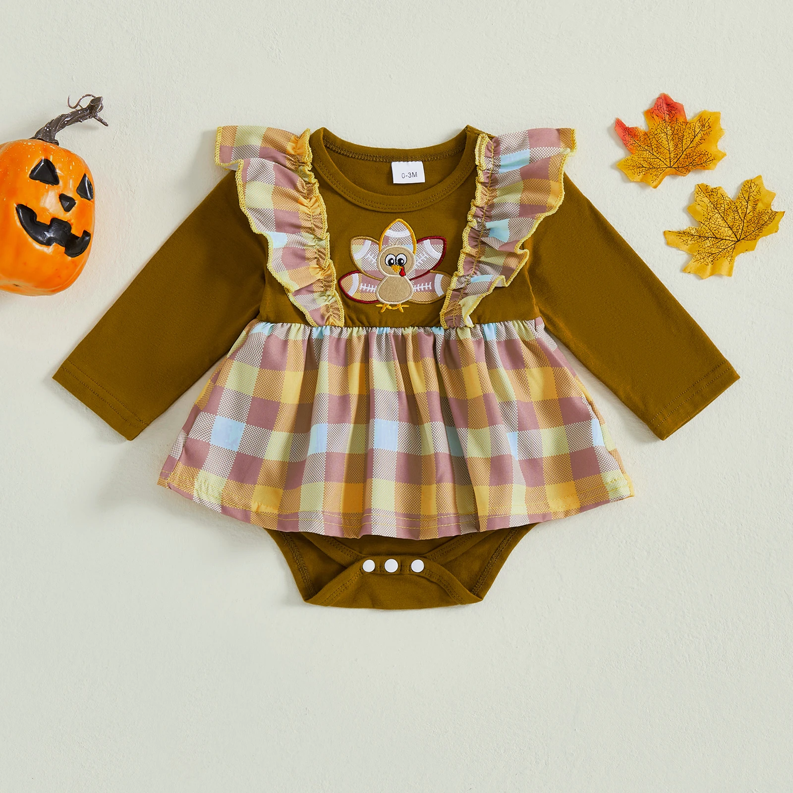 

SUNSIOM Baby Girls Thanksgiving Romper Dress Plaid Print Turkey Embroidery Long Sleeve Ruffled Round Neck Jumpsuit