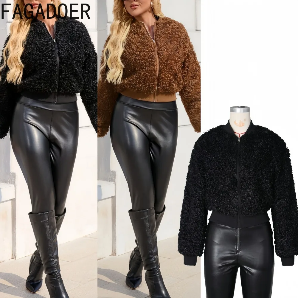 

FAGADOER Winter New Fashion Fur Patchwork Bodycon Coat for Woman Solid Color Long Sleeve Jacket Female Streetwear Clothing 2025