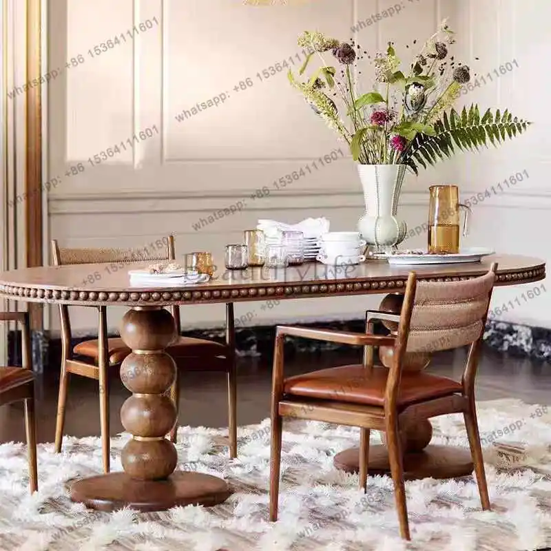 American retro solid wood oval dining table European medium and ancient Roman column round table coffee table