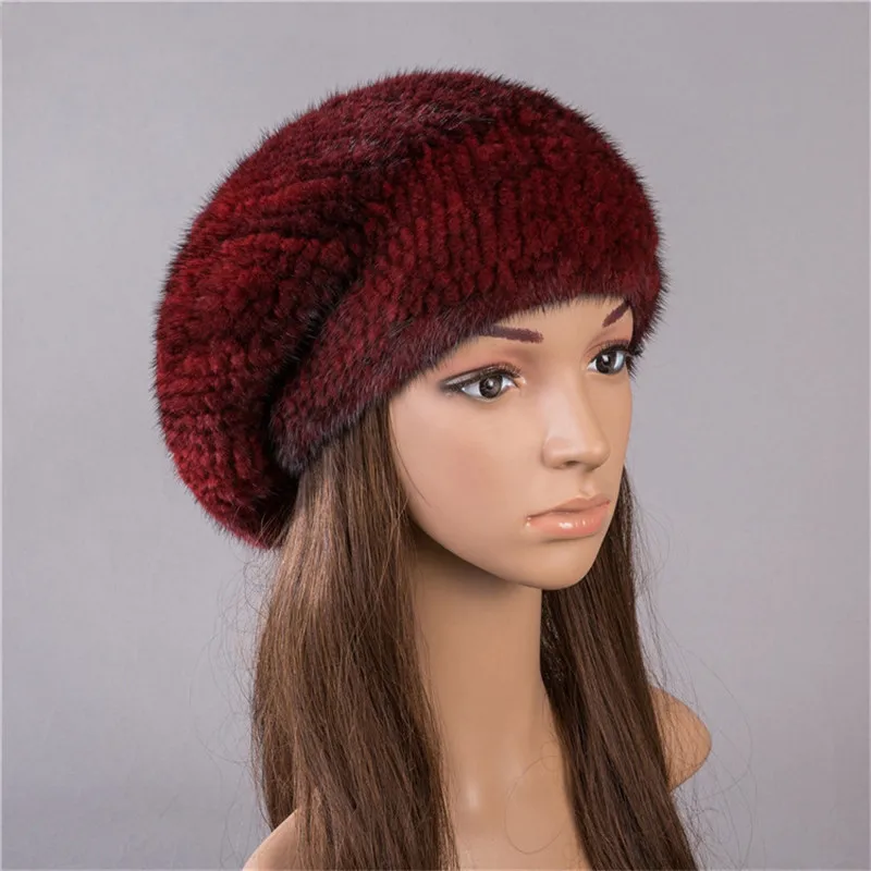 

Women's Berets High Quality Natural Mink fur Hats Knitted Ladies Fur Cap Winter Fashion Warm 100% Real Fur Hats