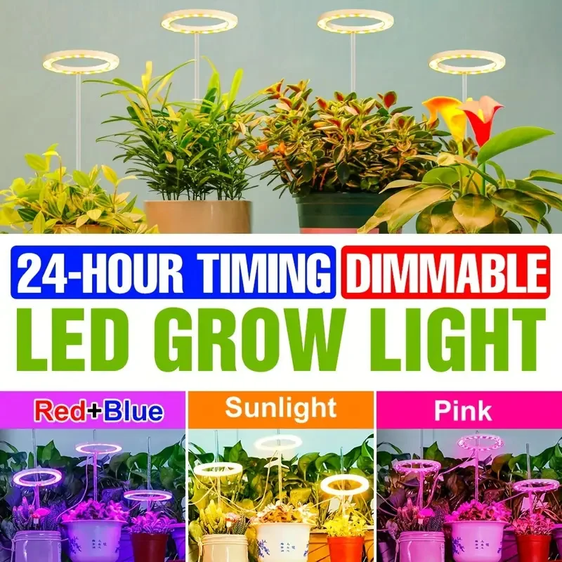 LED Angel Ring Plant Growth Light Full Spectrum Smart 8/12/16H Timer 5 Dimmable Levels Indoor Flower Vegetable Supplement Light