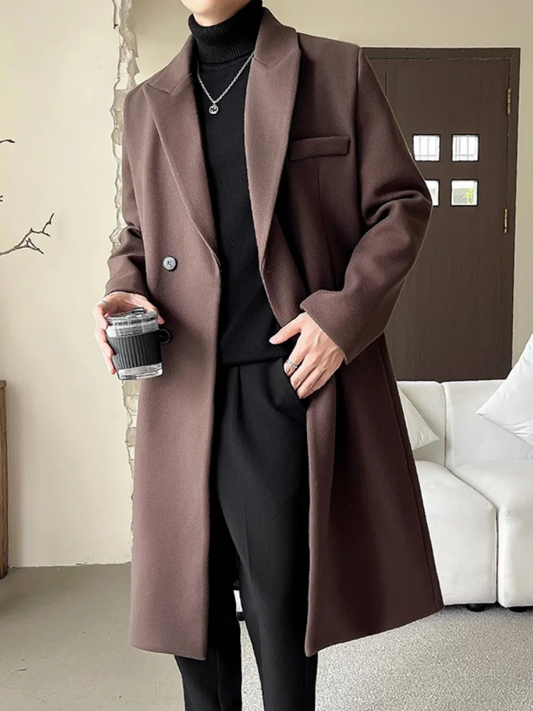 

Long Double-Breasted Men's Woolen Coat Over-Knee Faionable Autumn Winter Outerwear Youthful Urban Sle Pure Color Design