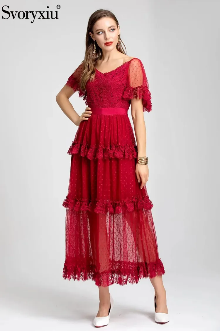 

Svoryxiu Fashion Summer Runway Vintage Gorgeous Red Gauze Midi Dress Women's Flare Sleeve Lace Hollow Out High Waist Slim Dress