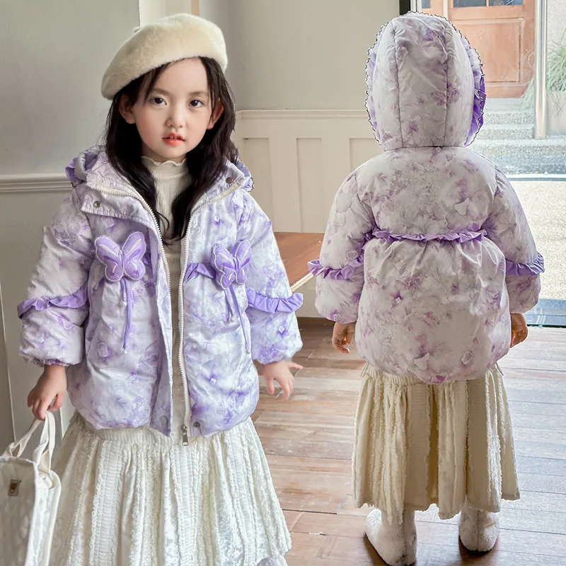 

Girls Down Coats Children Thickened Hooded Jackets Winter Kids Baby Warm Lace Outerwear 2025 Toddler Autumn Print Clothing 2-6Y