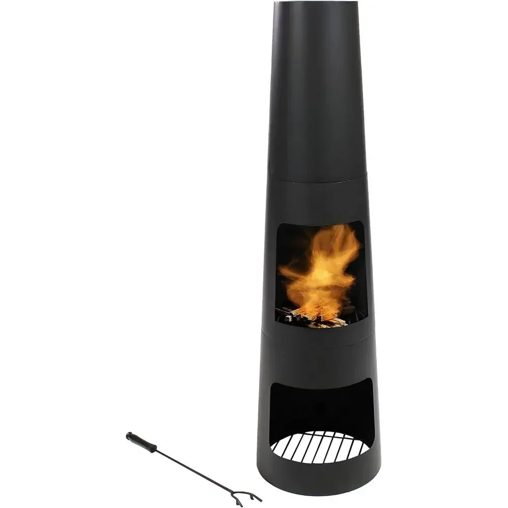 Outdoor Wood-Burning Fire Pit with Poker and Cover - Black