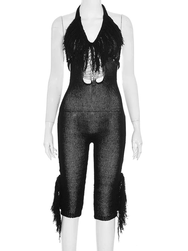 

Kliou сексуальные полые комбинезоны женские вязаные крючком Холтер с глубоким вырезом и открытой спиной украшения с кисточками узкий персиковый хип полуночный клубный вечерние комбинезон