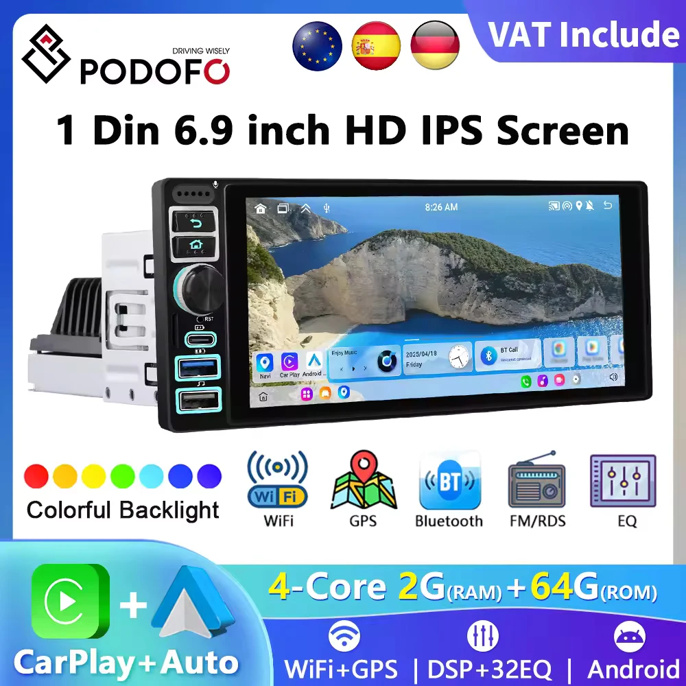 Podofo 6.9 "écran HD 1Din autoradio sans fil Carplay Android WIFI GPS multimédia caméra de recul arrière DVR Bluetooth FM Autoradio