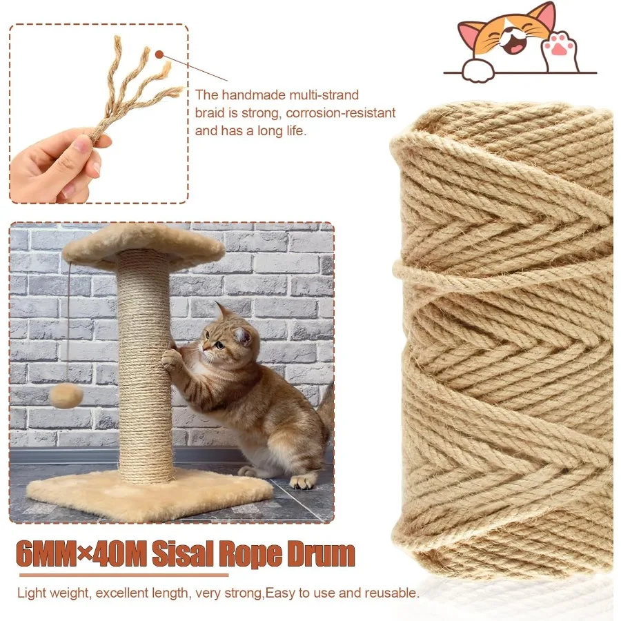 164FT 50 متر حبل السيزال الطبيعي لأعمدة خدش القطط 6 مللي متر سميكة الجوت القنب القط حبل لاستبدال شجرة القط عمود خدش القط إعادة #3