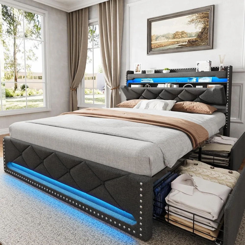 Queen Size Bed Frame with 4 Drawers and Storage Headboard, Upholstered Platform Bed with Charging Station and LED Lights