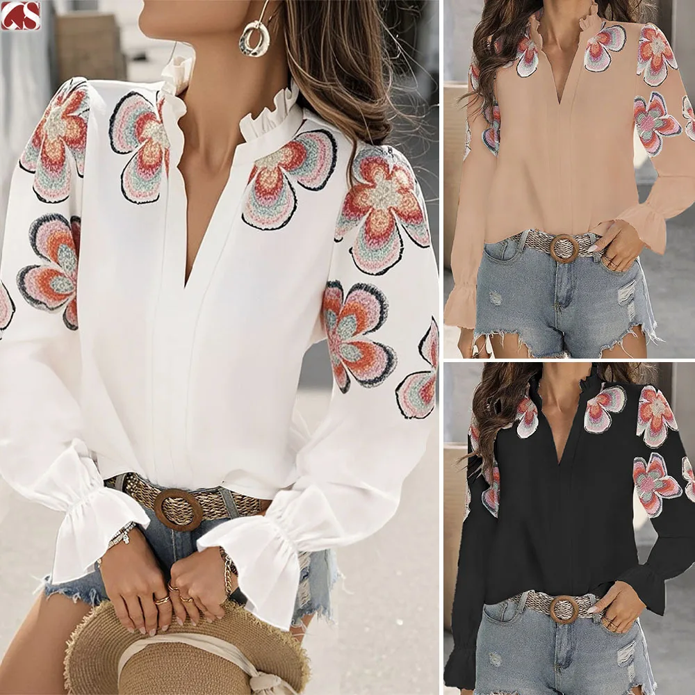 

Women Tops New fashion V-Neck Puff Sleeve Ruffled Floral Flower Printed Solid Color Women's Shirt Top Blouse