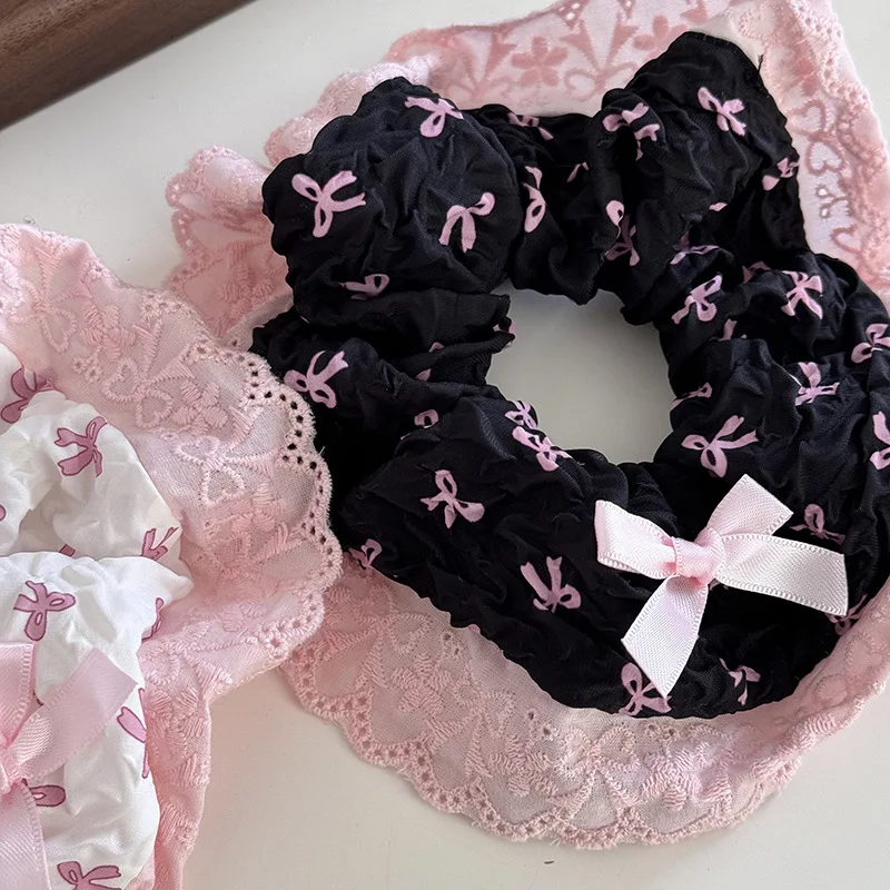 Sweet Pink Sweet Bow Pink Lace Large Intestine Hair Band Women's High-Grade Korean Style Large Hair Rope Headwear hair accessory