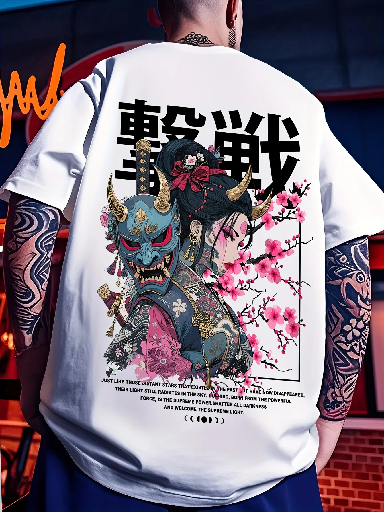 Japanese Geisha and Hannya Mask Print on Soft 100 Cotton Mens T Shirt Breathable and Comfortable for Summer Streetwear