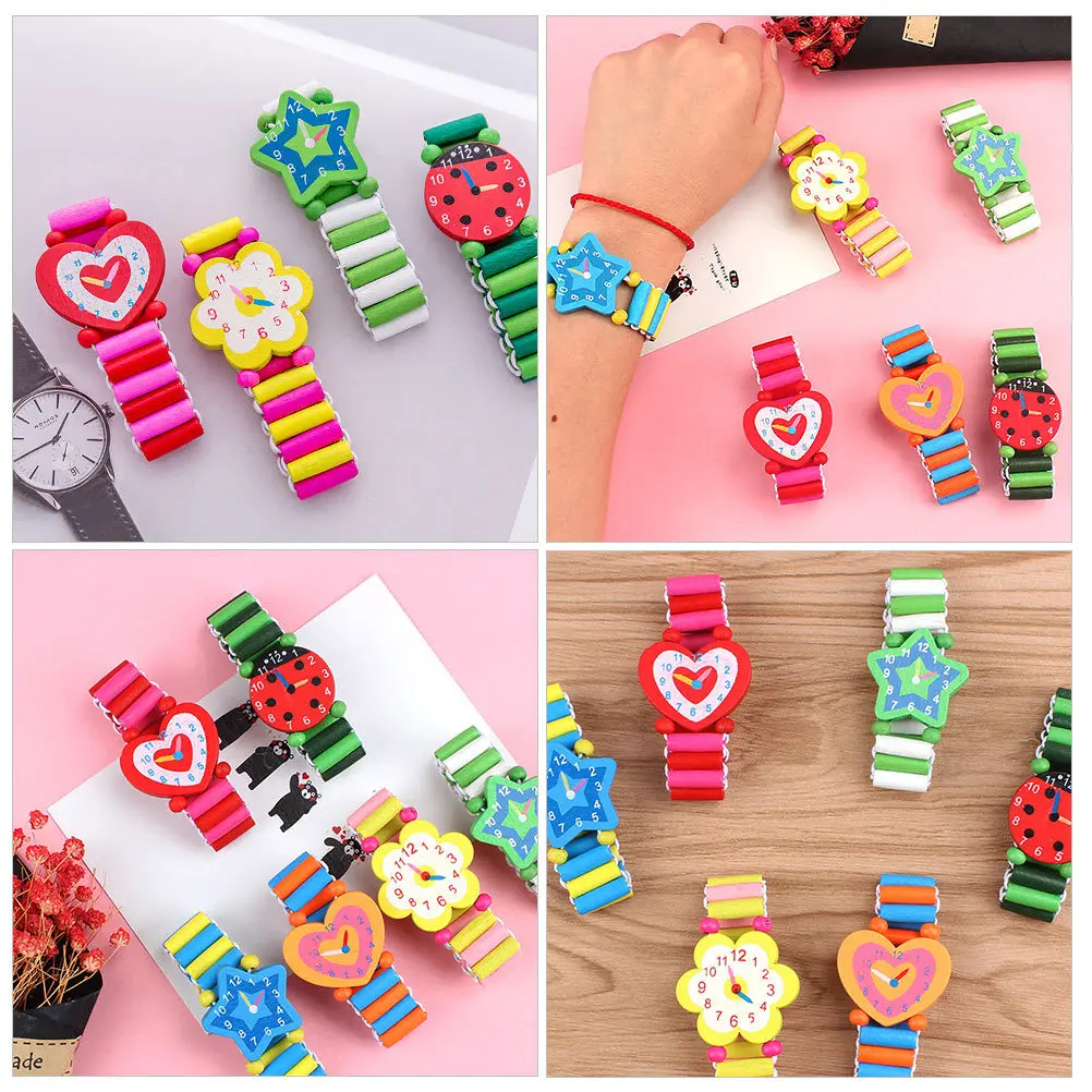 7 stücke Holz Kinder Helle Pädagogisches Spielzeug Elastische Armband Gefälschte Uhr Holz Kind Geschenk Kind Uhr Spielzeug