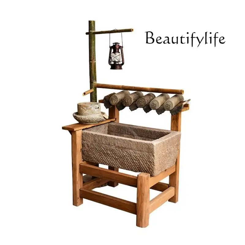 

Jiangnan stone tools, running water wooden frame, stone trough ornament combination, fish tank balcony water feature