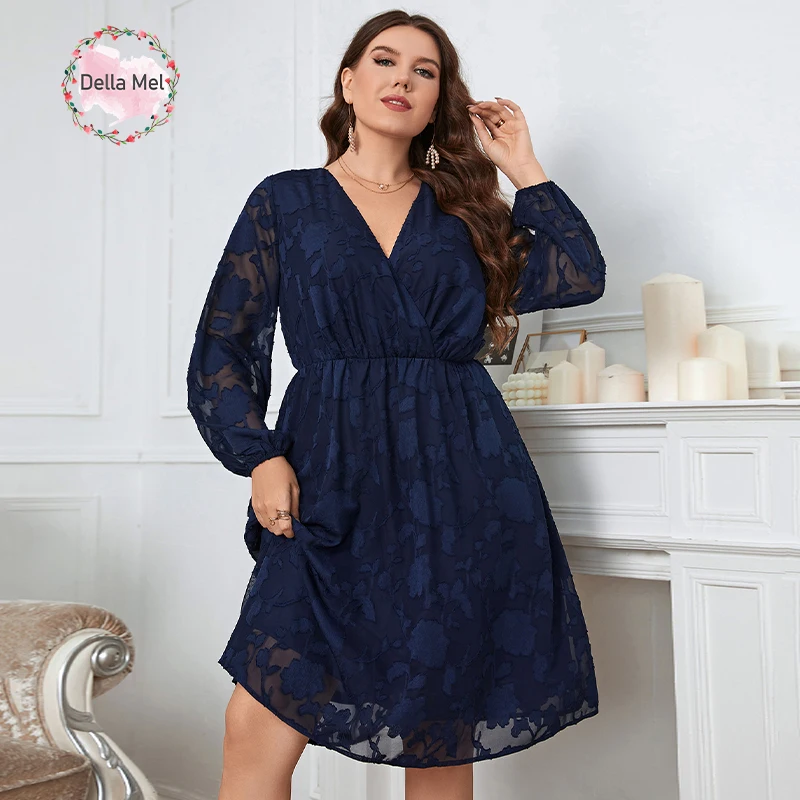 Della Mel Plus Size Elegant Women\'s Dresses for Party 2022 Sexy Lace See-Through Long Sleeve Blue V-neck Casual Large Size Dress