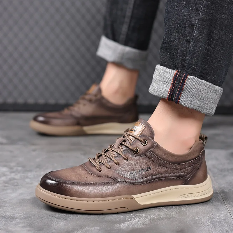 Retro Cow Leather British Men\'s Board Shoes Spring Autumn Soft Sole Casual Men Sneakers New Designer Non-slip Zapatos De Hombre