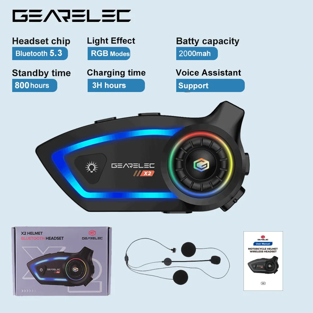 GEARELEC X2 Motorcycle Helmet Headset Bluetooth Hands Free Call IPX67 Waterproof 2000mAh Headset Speakers HiFi Stereo RGB Light