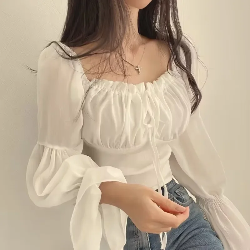 Blusa de gasa con manga de pendiente de madera y cuello cuadrado para mujer, camisa recortada acampanada ajustada a la cintura, elegante, coreano, verano 2024
