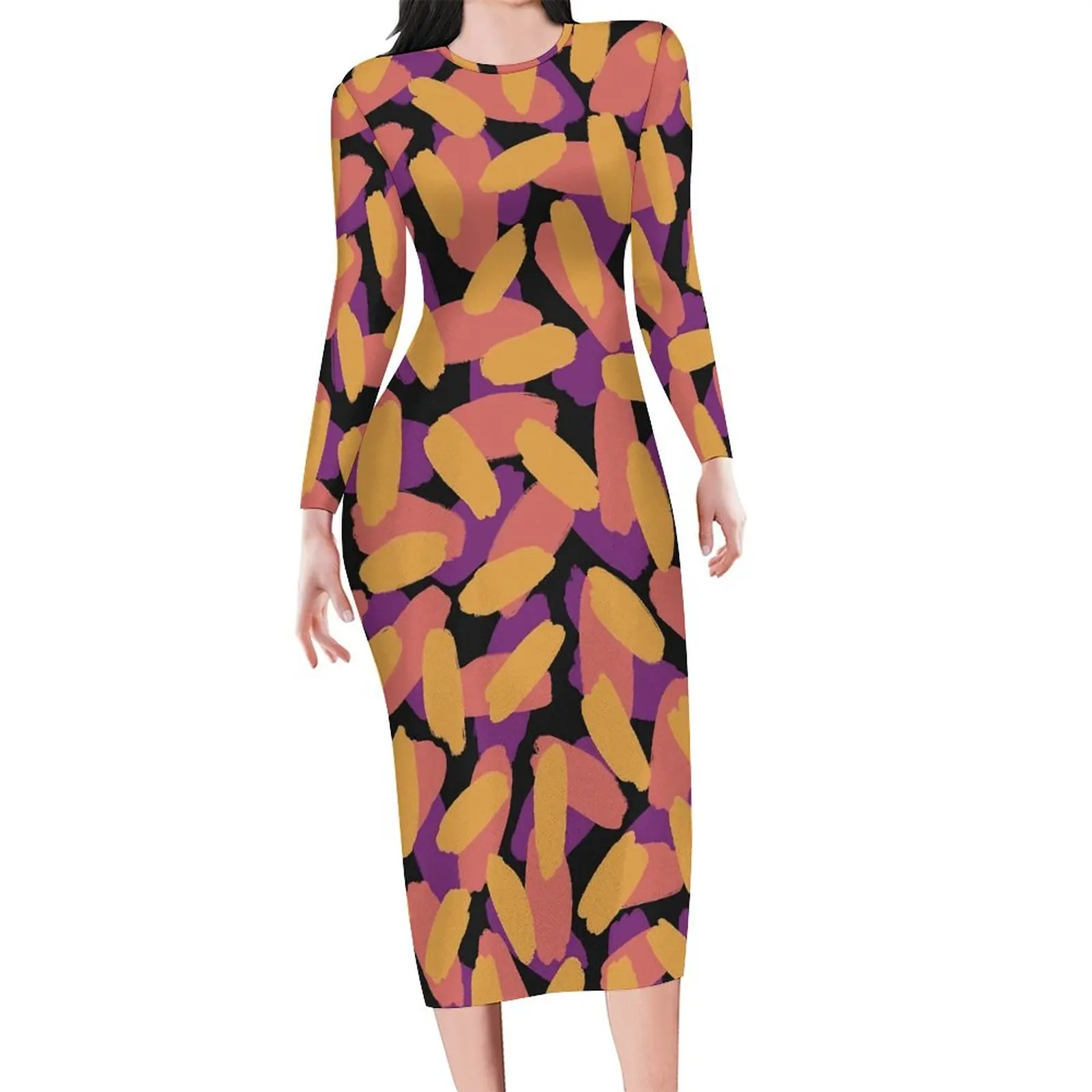 Brush Print Dress Long Sleeve Abstract Painting Modern Dresses Spring Female Street Fashion Custom Bodycon Dress Big Size