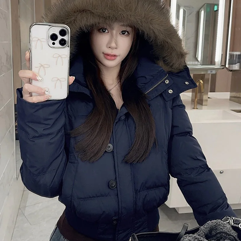 Koreanische Dünne Kurze Baumwolle Jacken Frauen 2025, Winter Pelzigen Kragen Mit Kapuze Parkas Frau Taste Dicke Warme Parka Jacke Weibliche