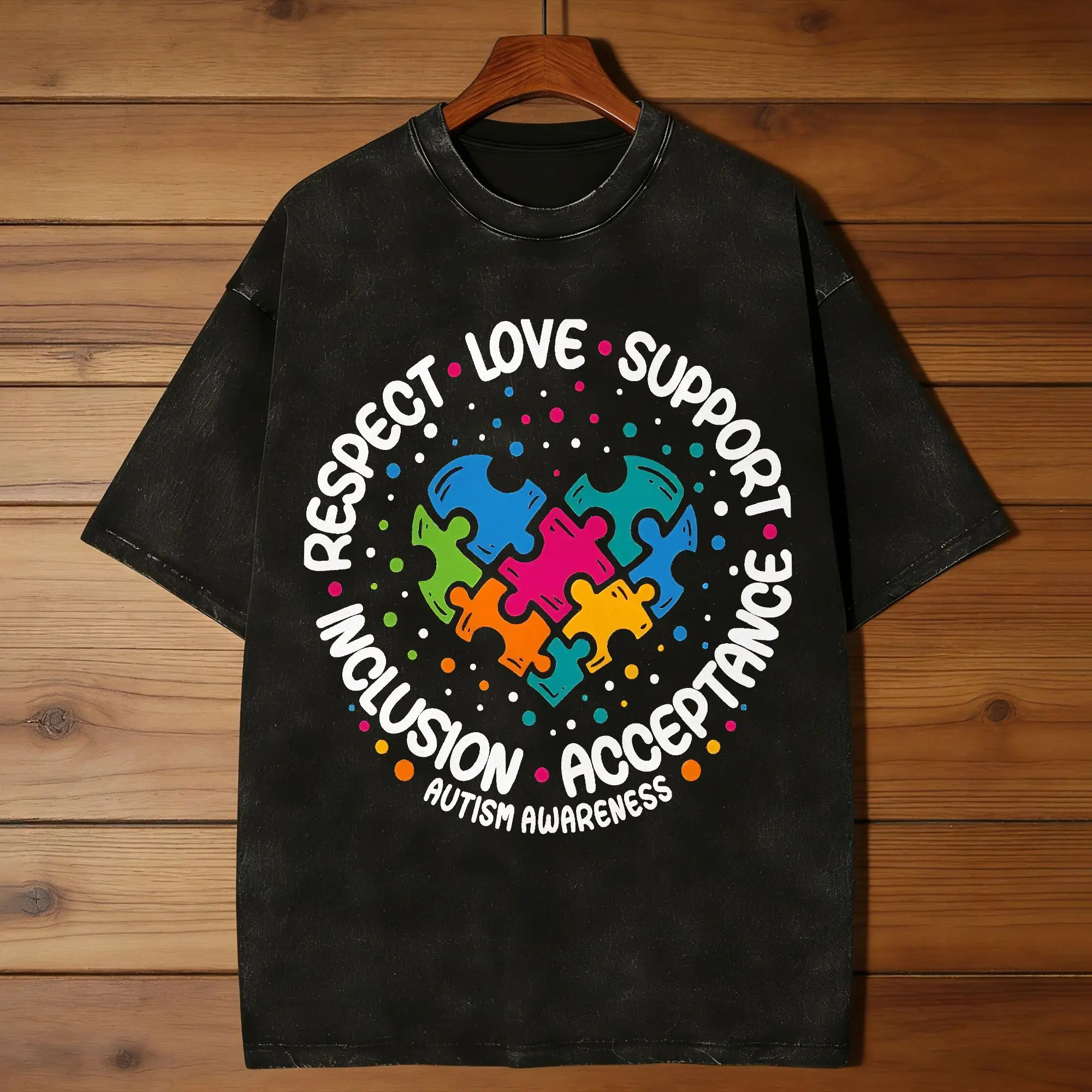 Autism Puzzle Ribbon Respect Love Support Autism Awareness Men T Shirts Short Sleeve Round Neck T-Shirt Cotton Printed Clothing