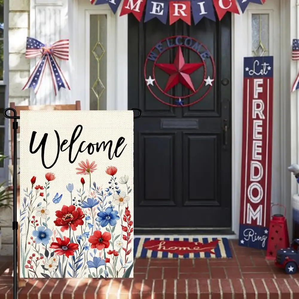 RABUSOFA 4th of July Memorial Day Patriotic Garden Flag 12x18 Inch Double Sided,Red White and Blue Floral Yard Outdoor Decor uui