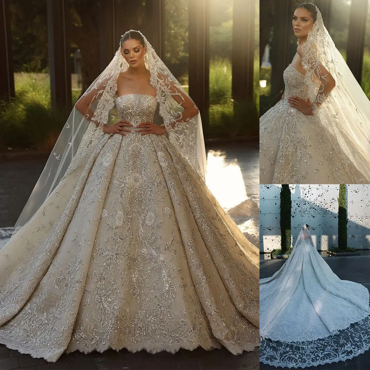 

Exquisite Shiny Wedding Dresses Strapless Sleeveless Ball Gown Sequins Lace Applique Aso Ebi Bridal Gowns Arabic Dubai